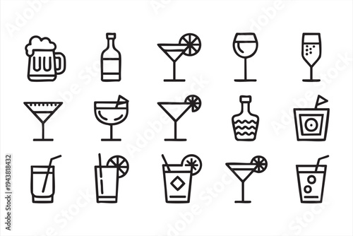 Minimal Alcohol Beverage Line Icon Set with Cocktail and Beer Glass Symbols