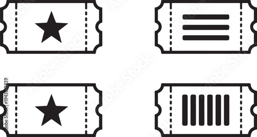 Four distinct tickets with unique designs and symbols for various purposes