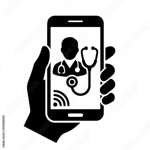 Mobile health icon featuring a doctor's silhouette inside a smartphone screen, representing telemedicine, remote medical consultation, and digital healthcare access
