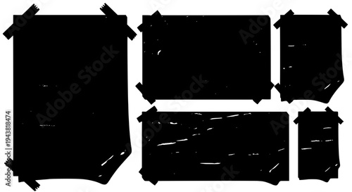 Posters hand drawn set with black torn paper and tape, grunge style for announcements featuring flyers, brochures,