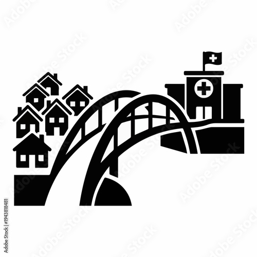 Healthcare bridge icon connecting a cross symbol with a community, representing medical accessibility, outreach, and life-saving connections. Minimalist black and white vector