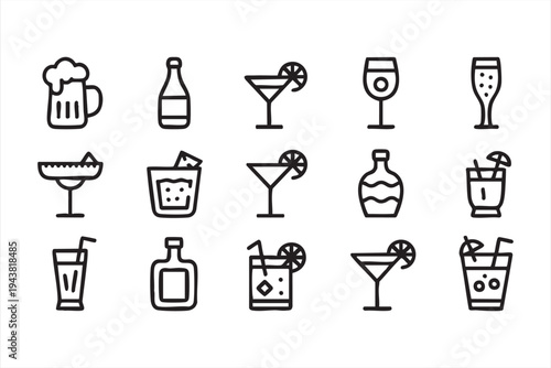 Beer Wine Martini and Cocktail Glass Minimal Line Icon Pack