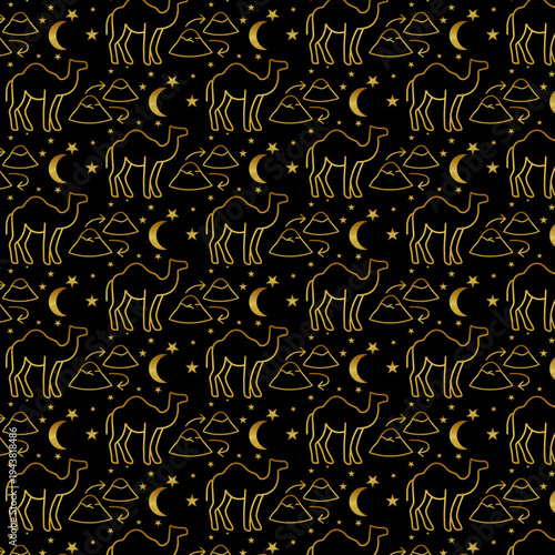 Islamic Hajj and Umrah journey seamless pattern. Golden line art icons of camels, Safa-Marwa mountains, moon, and stars on black background for Ramadan and Eid designs.