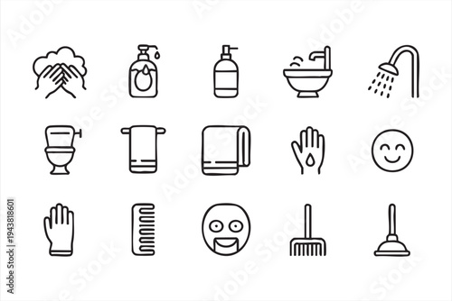 Bathroom Hygiene and Sanitation Line Icons Collection for UI Design