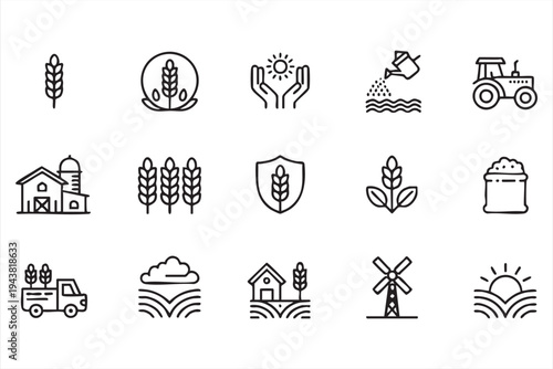 Minimal Agriculture and Farming Line Icon Set with Wheat Tractor and Barn