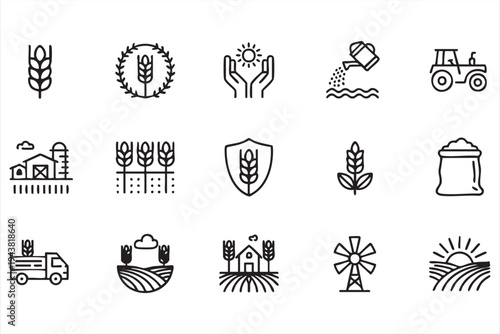 Black Outline Farming and Crop Production Icons for Agribusiness Design