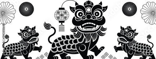 Chinese guardian lion silhouette vector illustration, traditional Asian foo dog symbol with lantern decorative cultural design isolated white
