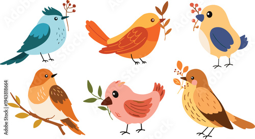 Cute colorful cartoon birds collection with leaves and berries, adorable bird characters set for children design, nature themes, nursery decor, wildlife illustration and spring graphics.