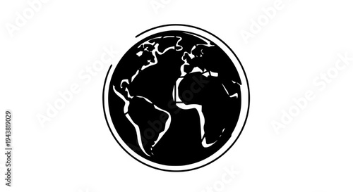 Globe icon with black and white earth map and circular border featuring world, symbol, illustration with geography and