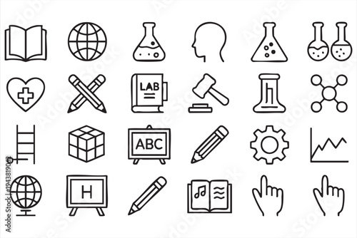 Education and Academic Symbol Set Featuring Chemistry and Study Tools