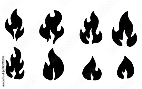 A collection of eight stylized black flame icons, representing fire in various forms and sizes.