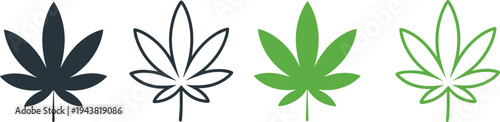 Cannabis leaf icons set vector illustration, marijuana hemp symbol collection in solid and outline styles isolated on white
