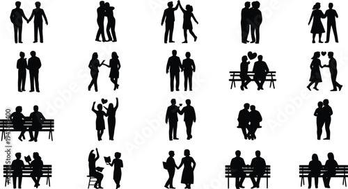 Black silhouettes of people in various romantic and social interactions on white background