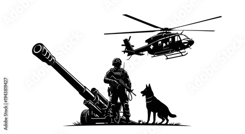 Military Soldier, Artillery Cannon, Helicopter, and German Shepherd Dog Silhouette