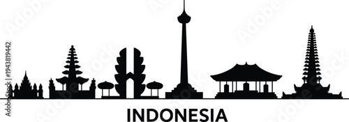 Indonesia skyline silhouette vector illustration, famous landmarks monument temples pagoda architecture travel destination isolated on white background