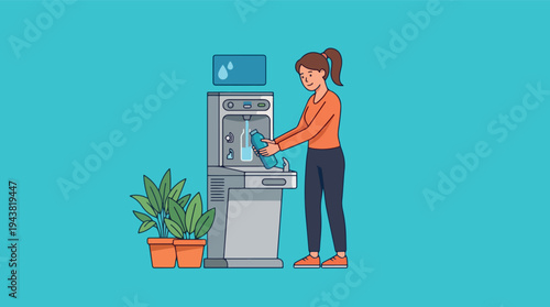 Woman filling water bottle from dispenser machine.