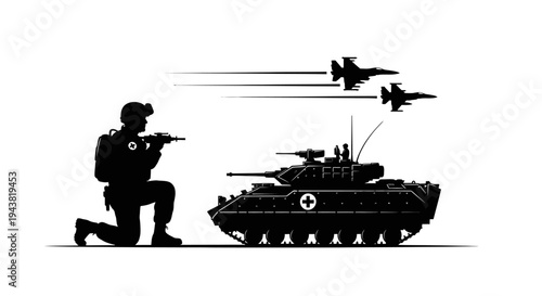 Military Soldier, Tank, and Fighter Jets in Silhouette - Combat and Air Support