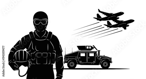 Military Soldier, Humvee Vehicle, and Fighter Jets Silhouette