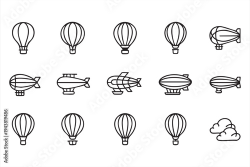 Black Outline Balloon and Zeppelin Icons for Aviation and Tourism Design