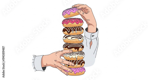 Hands holding stacked donuts.