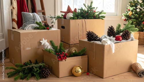 Christmas Decorations Packed in Cardboard Boxes for Storage.