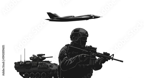 Modern Military Force: Soldier, Tank, and Jet Fighter in Action
