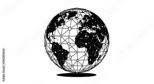 Globe with wireframe and geometric pattern on surface in black and white color featuring earth, world map, geographic