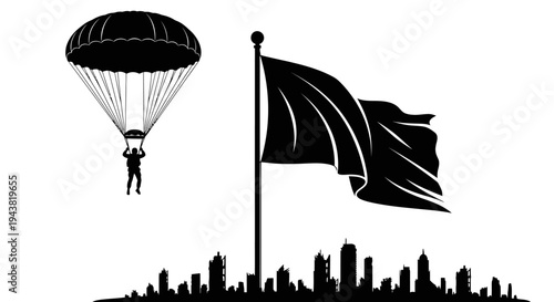Parachutist Descends Over Cityscape with Waving Flag, Symbolizing Freedom and Achievement
