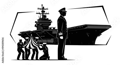 Naval Officer Oversees Crew Raising Flag on Aircraft Carrier Deck