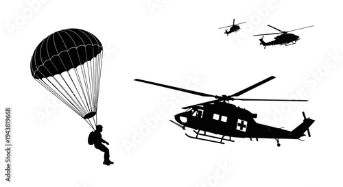 Parachutist Descends Near Military Helicopters in Sky