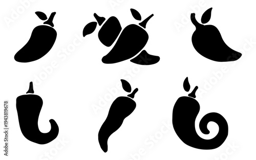 A collection of six stylized black chili pepper icons, each with a unique shape and stem.