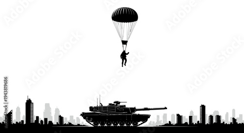 Paratrooper descending onto a city skyline with a tank below, military concept