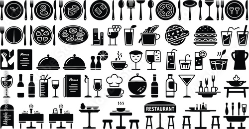 Black and white restaurant icons set with food and drink utensils and tableware  menu and service