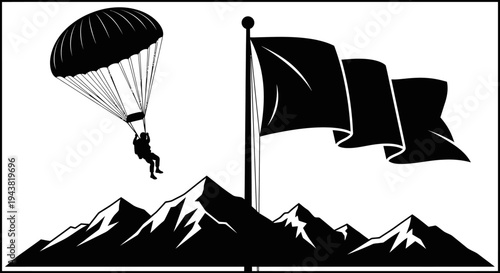 Parachutist Descends Over Mountain Peaks with Waving Flag