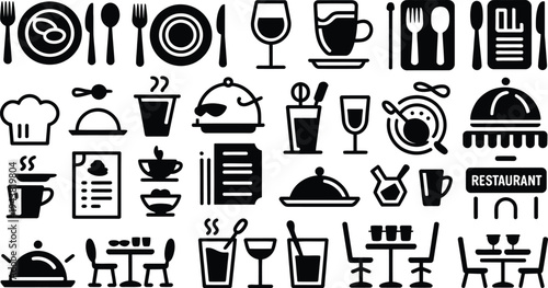 Black and white restaurant icons set with food and drink items and tableware on white background
