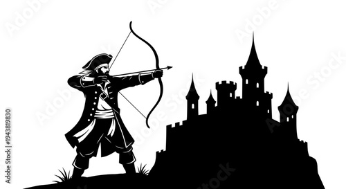 Pirate Archer Aims Bow at Castle Silhouette