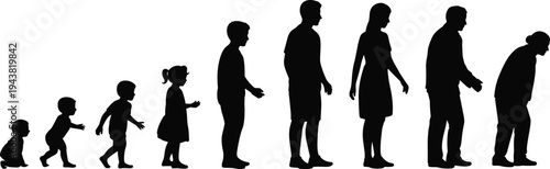 Human life stages silhouette progression from crawling baby to elderly person showing growth, childhood, adulthood and aging concept isolated illustration