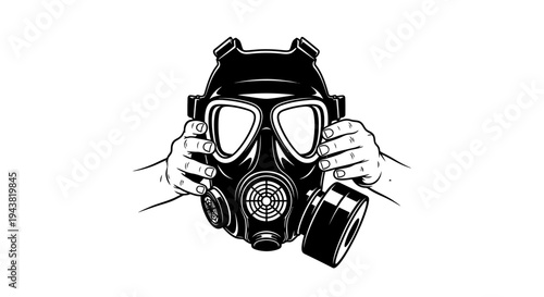 Person Putting On Gas Mask, Protection Against Pollution, Danger, Biohazard, Chemical Attack