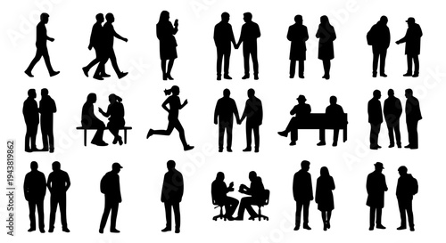 People black silhouettes set with various actions and poses on white background featuring human figures, office