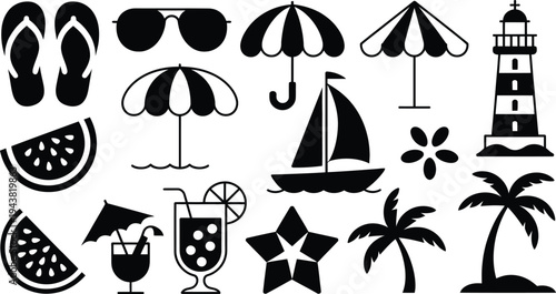 Black and white beach icons on white background  summer vacation symbols and signs collection