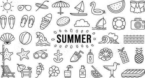 Black and white summer icons set with beach and vacation themed illustrations and text