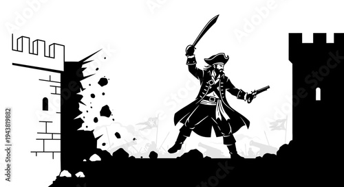 Pirate Captain Attacking Castle Wall with Sword and Pistol, Silhouette