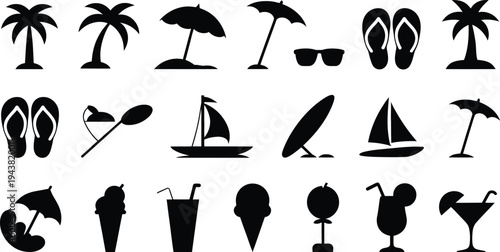 Black silhouettes of various summer vacation icons and objects on white background