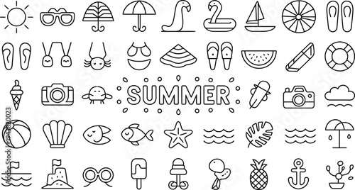 Black and white line drawing summer icons set with various objects and symbols and text