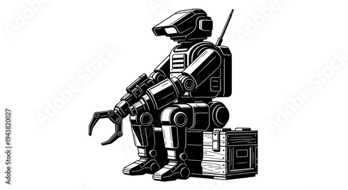Retro Robot Sitting with Crate - Vintage Sci-Fi Android Illustration