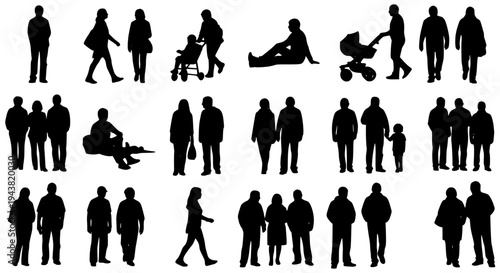 People silhouettes set with various poses and activities on white background featuring human figures, black, standing