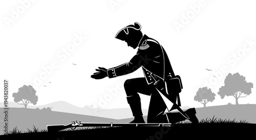 Revolutionary soldier kneeling with rifle, historical silhouette, American independence concept