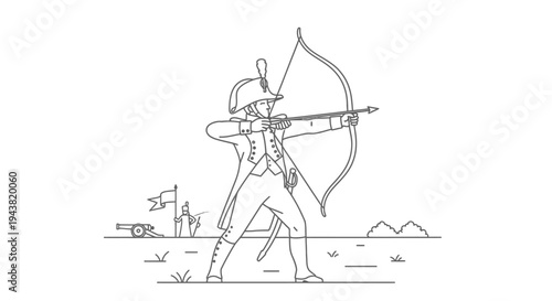 Revolutionary War Soldier Aiming Bow and Arrow with Cannon and Flag in Background