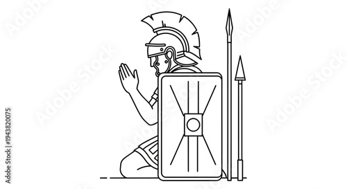 Roman Soldier Kneeling in Prayer with Shield and Spear