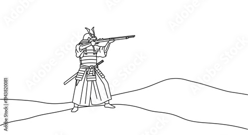 Samurai Warrior Aiming Rifle, Historical Japanese Soldier with Firearm